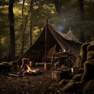 Canvas tarp tent with a fire in front of it set in the woods before dark