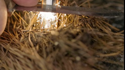 Striking a ferro rod into tinder to start a survival or bushcraft fire